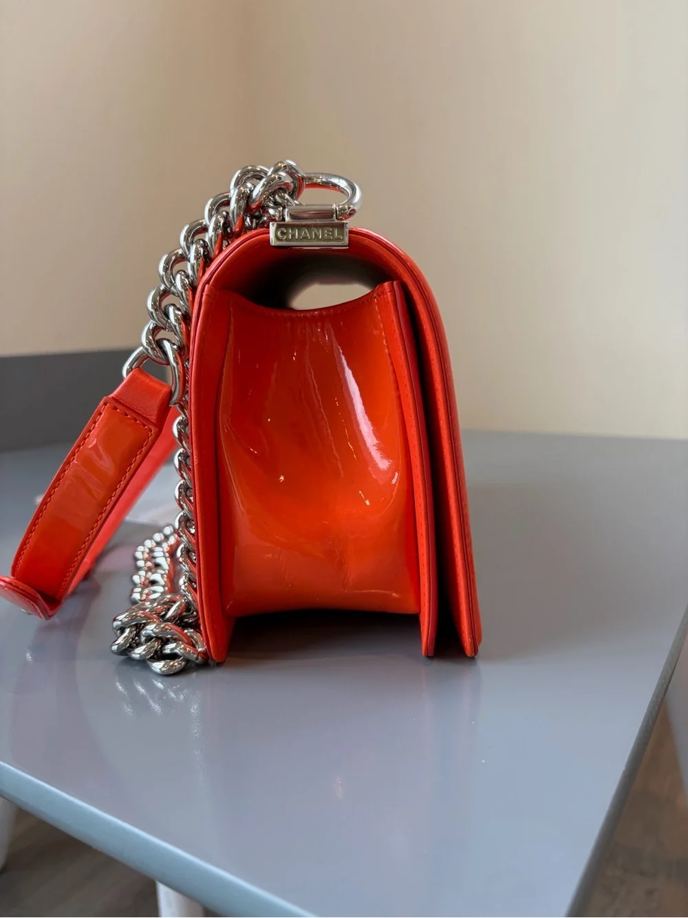 CHANEL Orange Quilted Patent Leather Crossbody Boy Bag